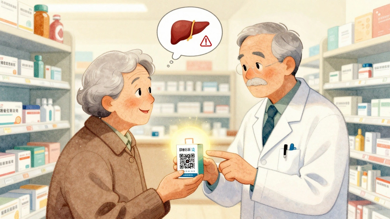 An elderly person learning about a medicine&#039;s QR code with a pharmacist in a cozy pharmacy.