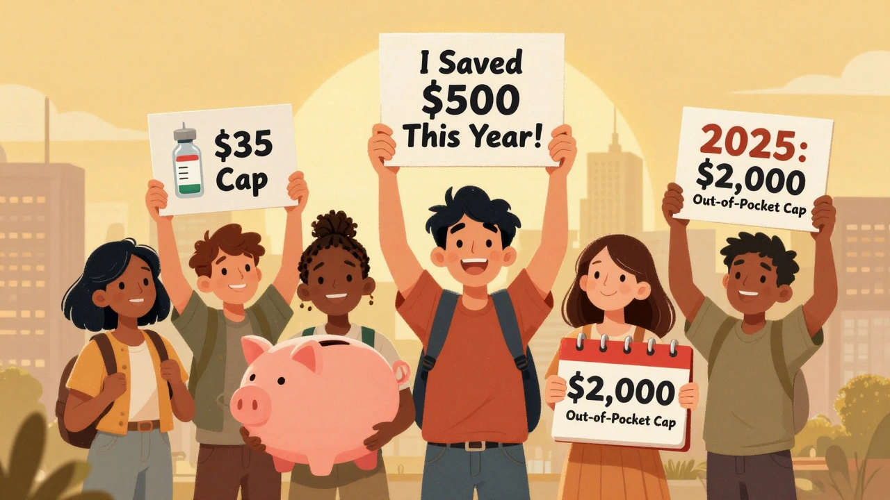 Diverse group celebrating drug cost savings with signs for generic pills,  insulin cap, and ,000 out-of-pocket limit.