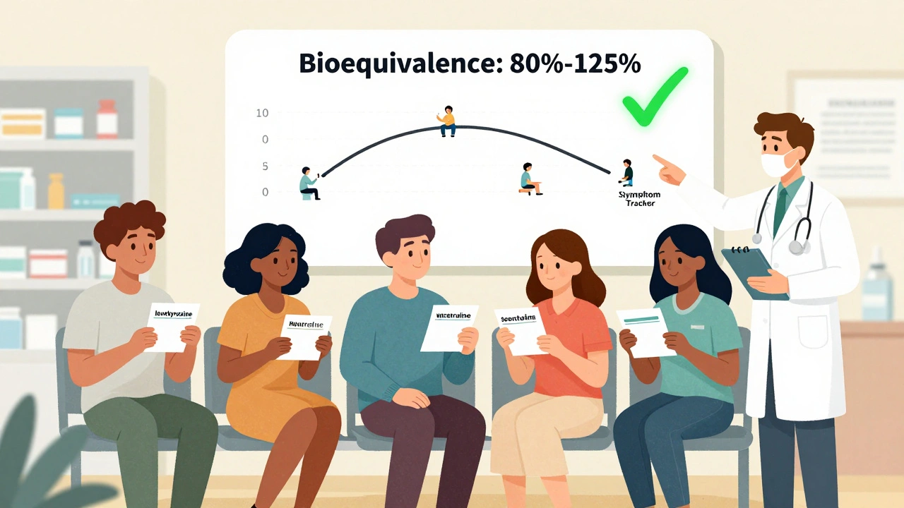 Diverse patients in a pharmacy with a pharmacist explaining bioequivalence on a wall chart.