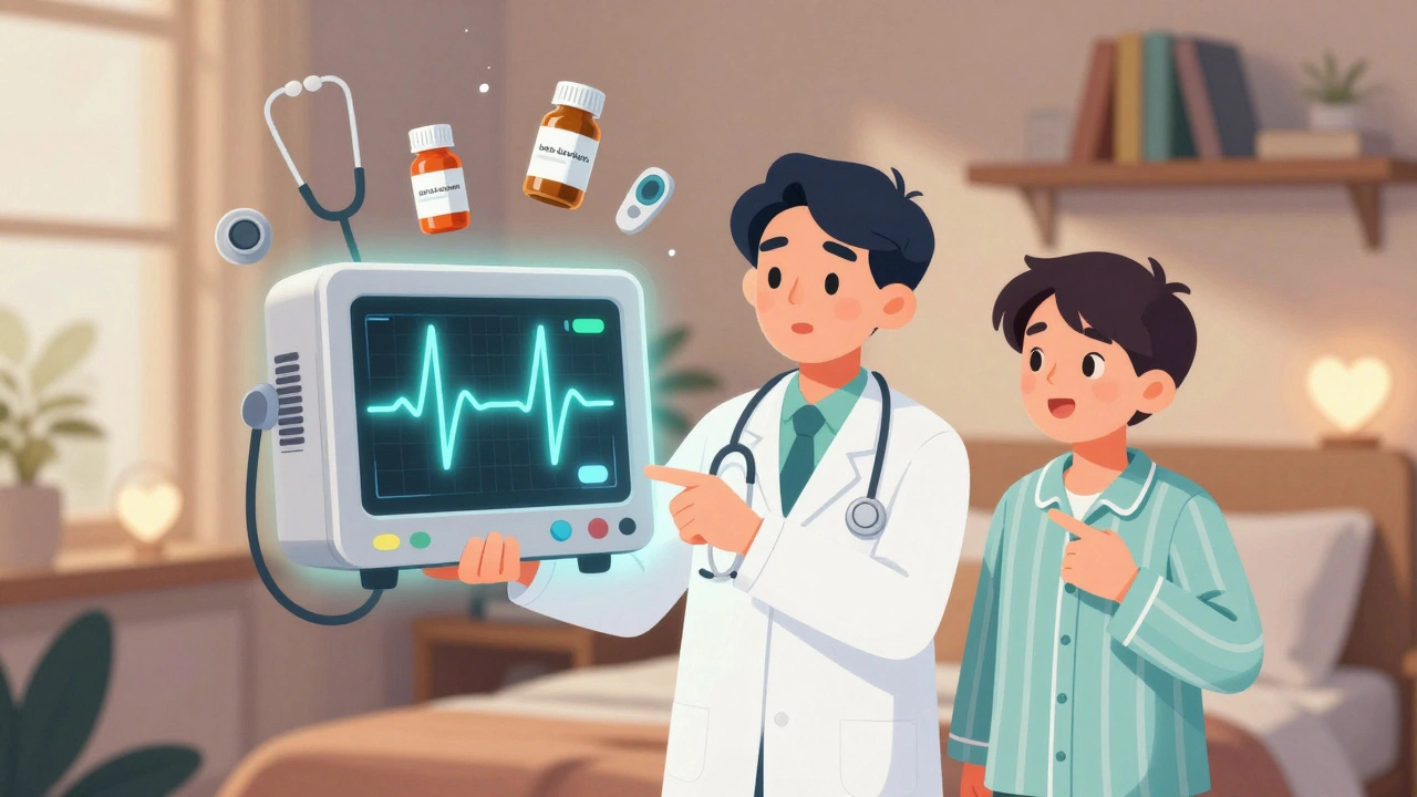 Doctor showing an irregular ECG to a patient, with floating medical tools in a cozy room.