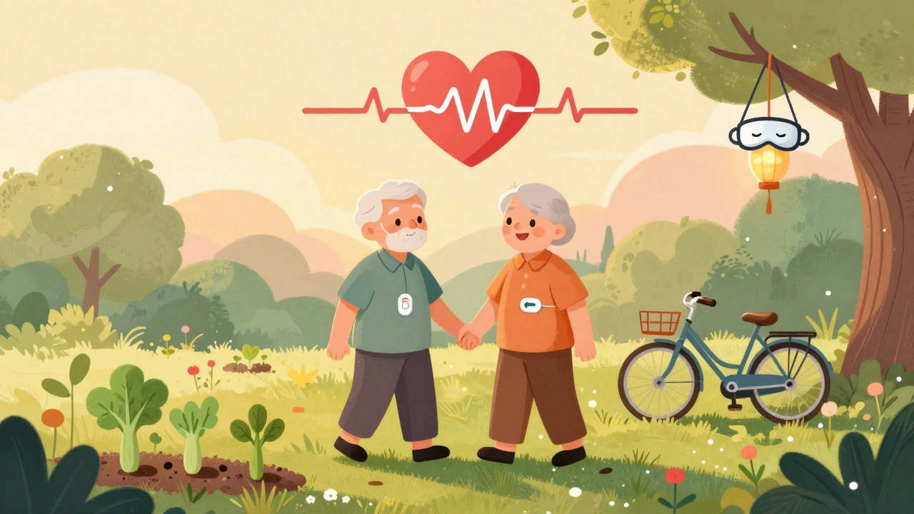 Elderly couple walking in park, heart pulsing steadily, surrounded by healthy lifestyle elements.