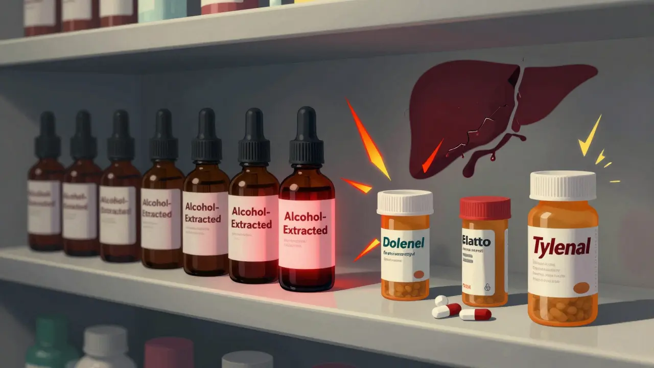 Kava supplements on a shelf next to prescription meds, with warning signs and a damaged liver icon in the background.