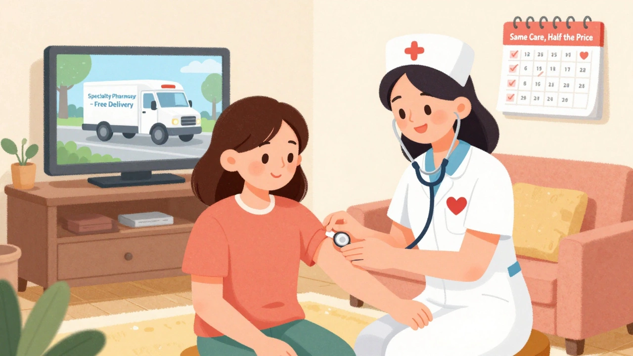 Nurse giving a home injection to a patient in a cozy room with pharmacy delivery and medication reminders.