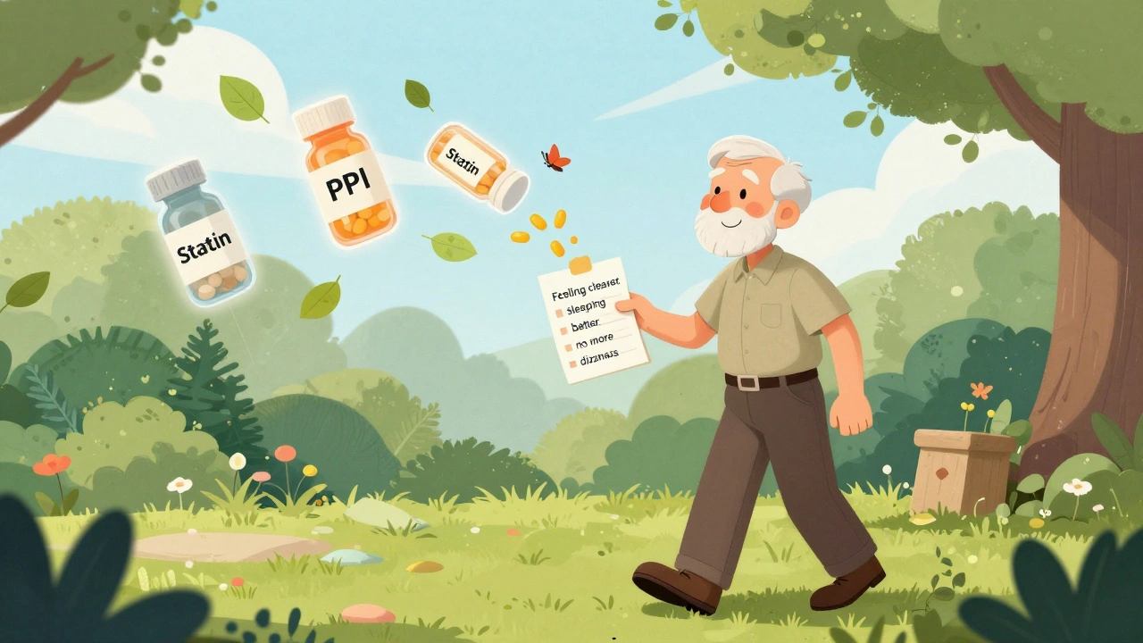 Older man walking in garden as unnecessary pill bottles dissolve into butterflies.
