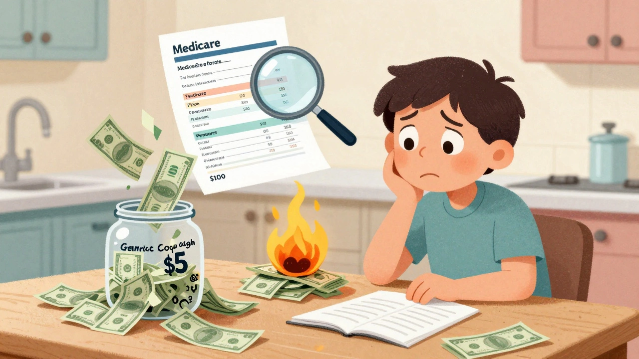 Person at kitchen table with floating dollar bills showing savings from generics versus high brand drug costs.