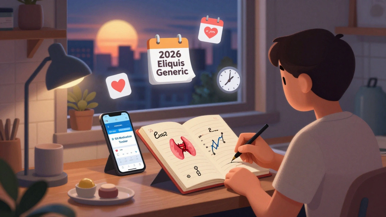 Person journaling at night with medication tracker app, TSH numbers, and sunrise outside.