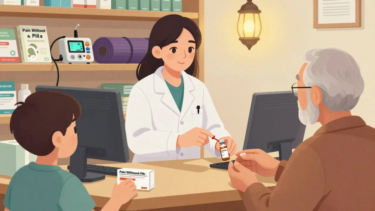 Pharmacist giving naloxone with opioid prescription, surrounded by non-opioid pain tools.