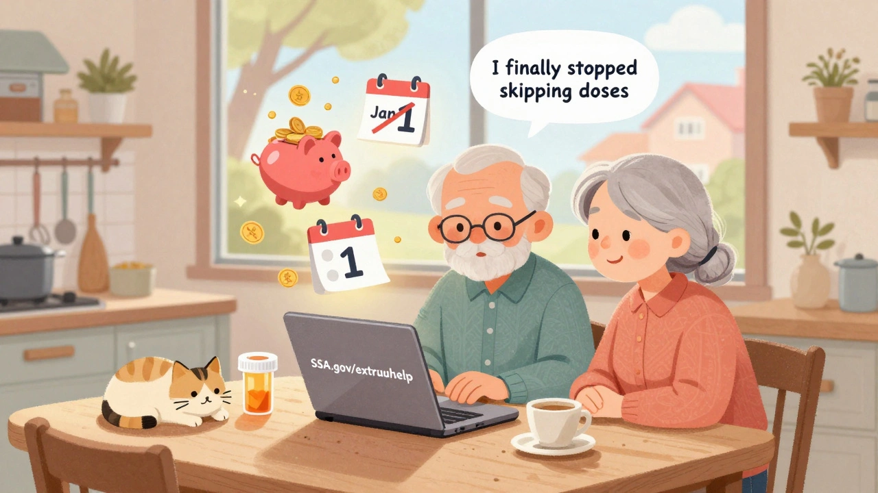Senior couple applying for Extra Help online, surrounded by savings icons and a calendar.