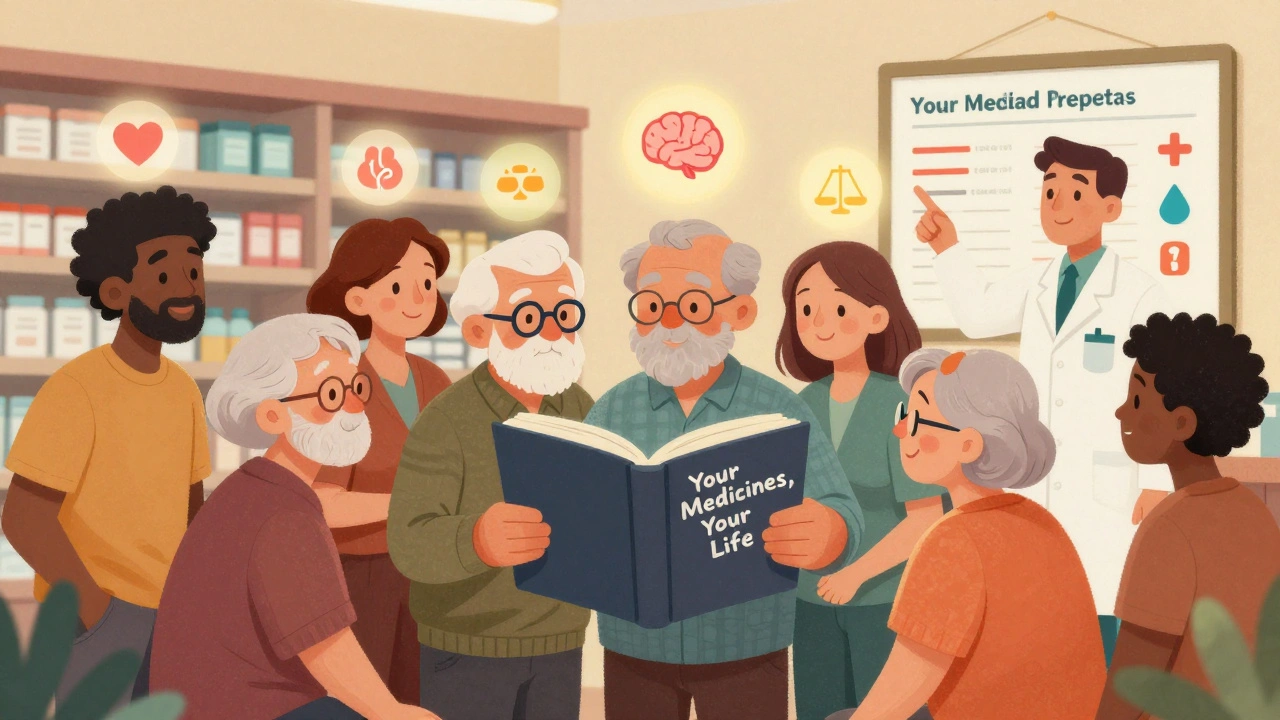 Seniors and caregivers learning about medications together in a community pharmacy.