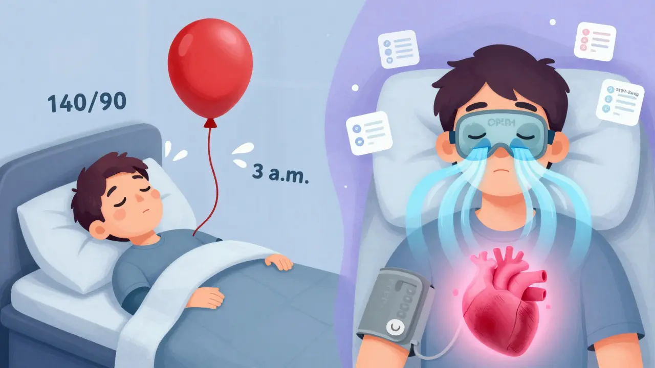 Split scene: person with high blood pressure vs. same person using CPAP, heart calming with blue air flow.