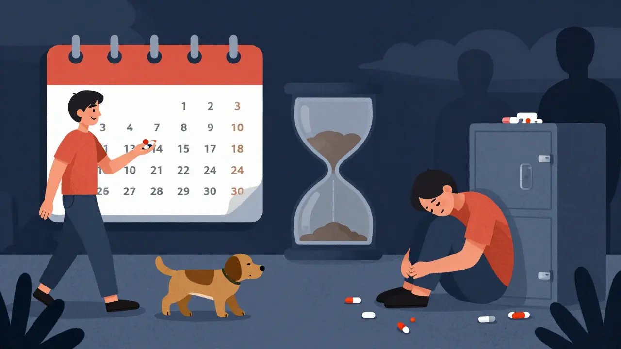 Split scene showing peaceful opioid use versus rising risks of dependence under a darkening sky.