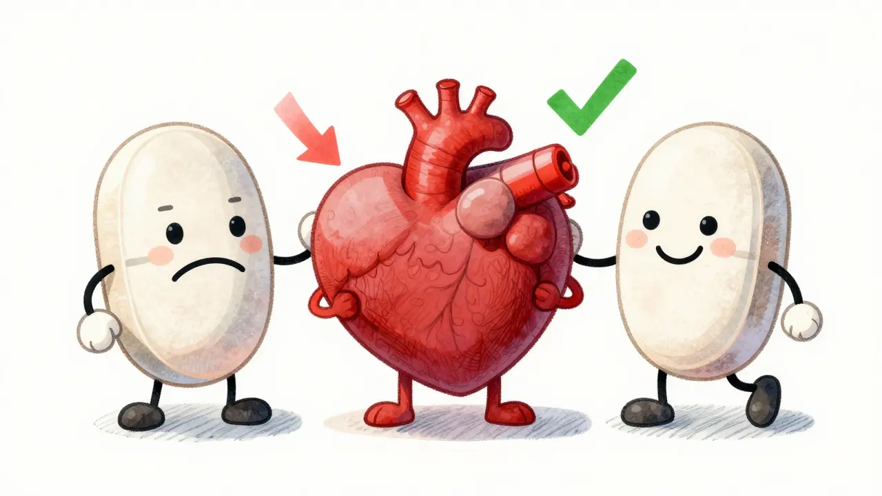 Three PPI pills beside a heart, showing different effects on clopidogrel, drawn in soft watercolor.