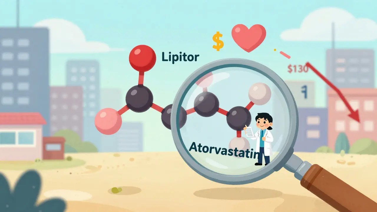 Two identical molecules labeled brand and generic, with an FDA inspector and a price graph dropping to .