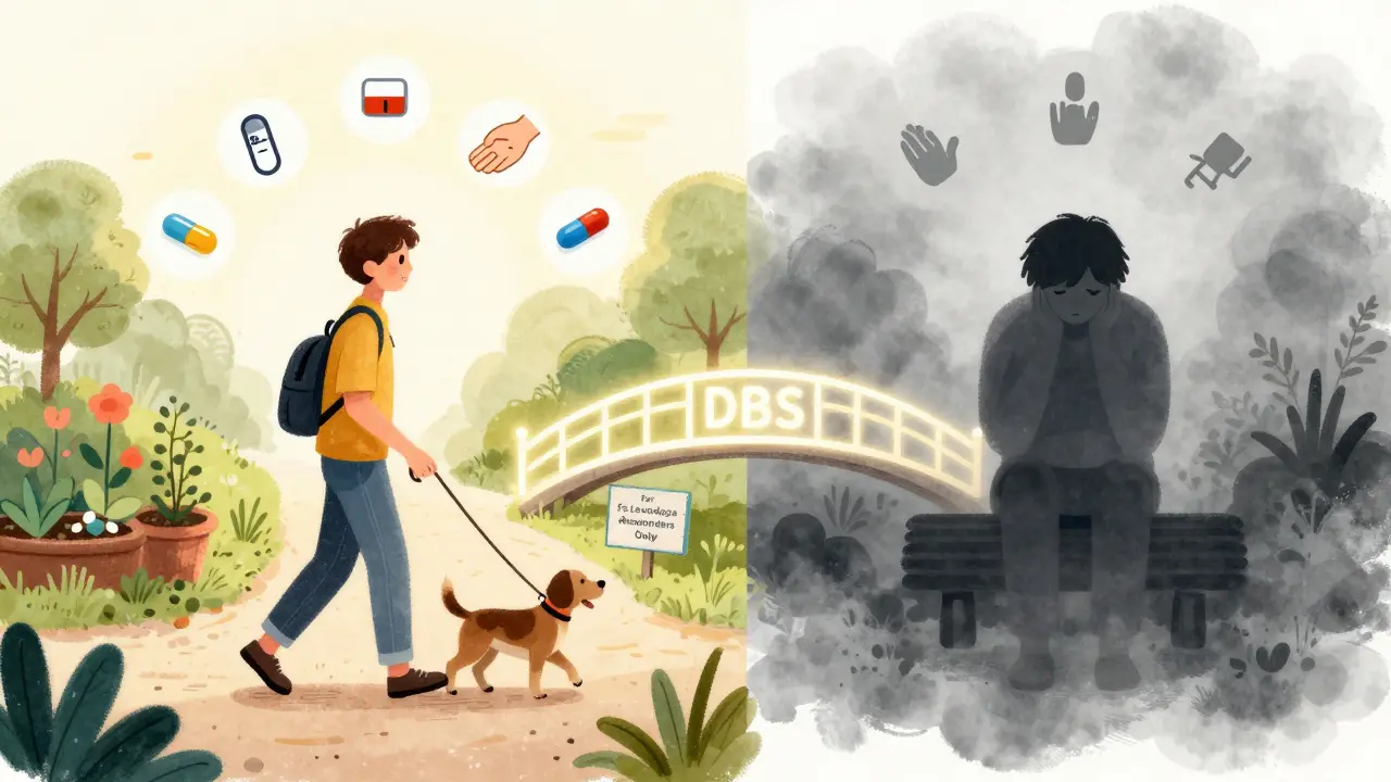 Two life paths divided by a glowing DBS bridge—active life on one side, foggy struggle on the other, in storybook illustration.