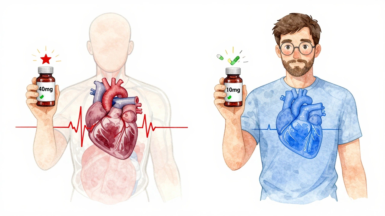 Two patients with different pill doses, one with a warning and one with a checkmark, showing heart electrical activity side by side.