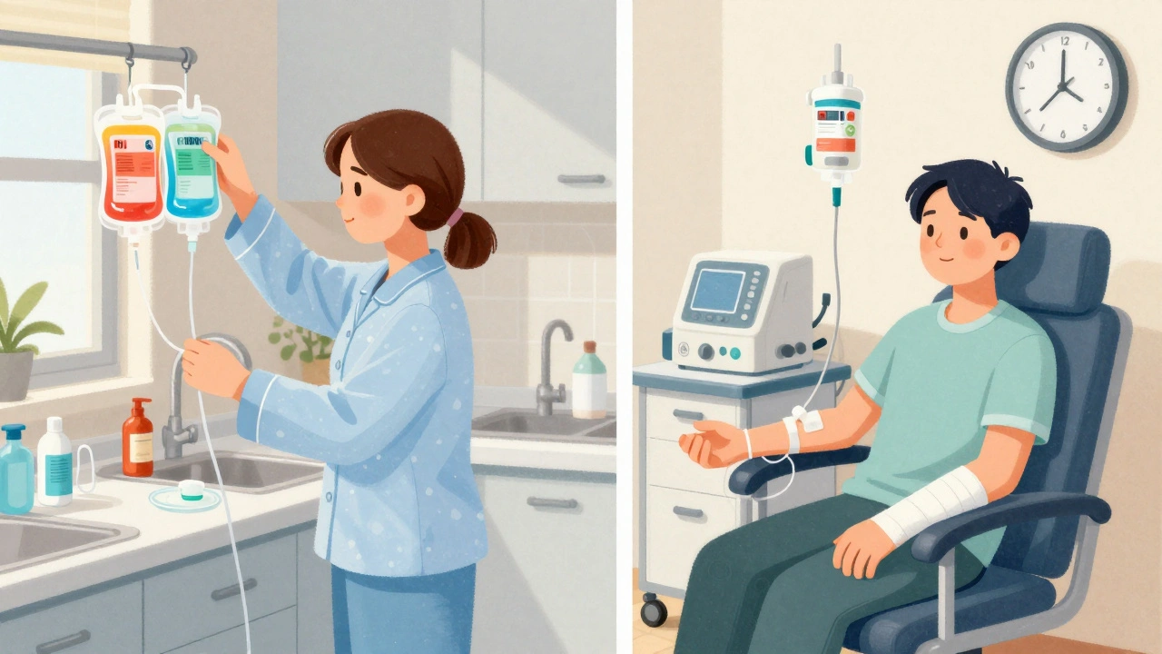 Two scenes: one showing a home dialysis exchange in a kitchen, the other showing a clinic hemodialysis session with a fistula arm.