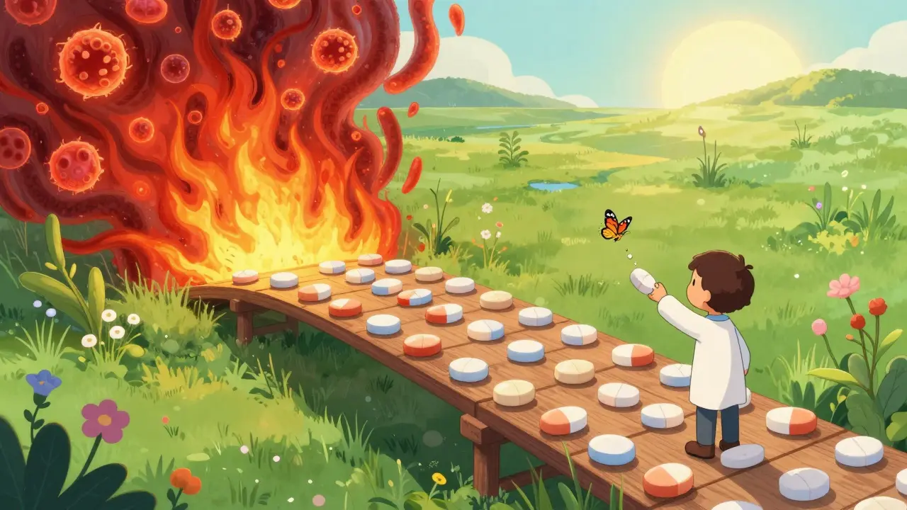 A bridge of dissolving pills leading from inflammation to calm meadow, symbolizing transition to safer treatments.
