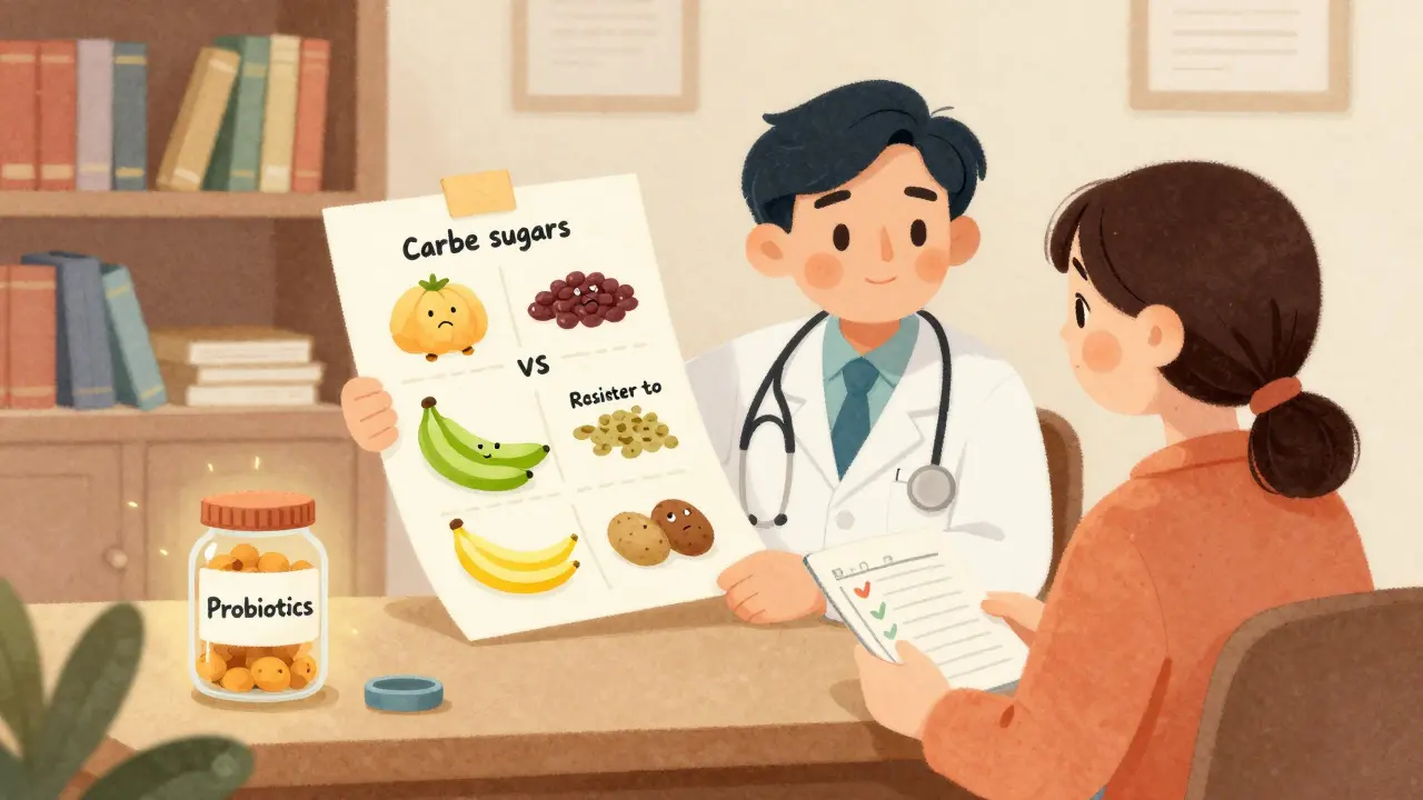 A doctor and patient reviewing carb types and probiotics in a cozy office, illustrated in storybook style.