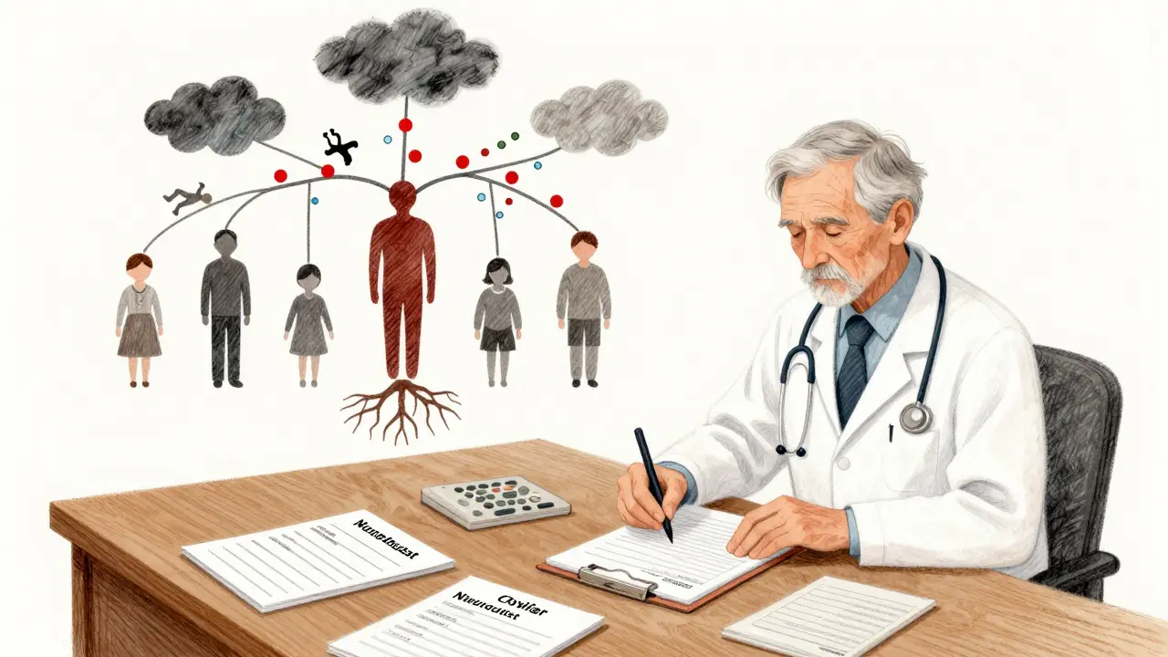 A doctor at a table with prescriptions from three specialists, pills branching into a patient’s body.