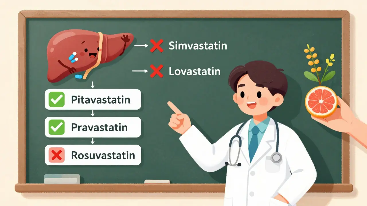 A doctor explains safe statin choices on a colorful chart, with red Xs over unsafe pills and green checks on safe ones.