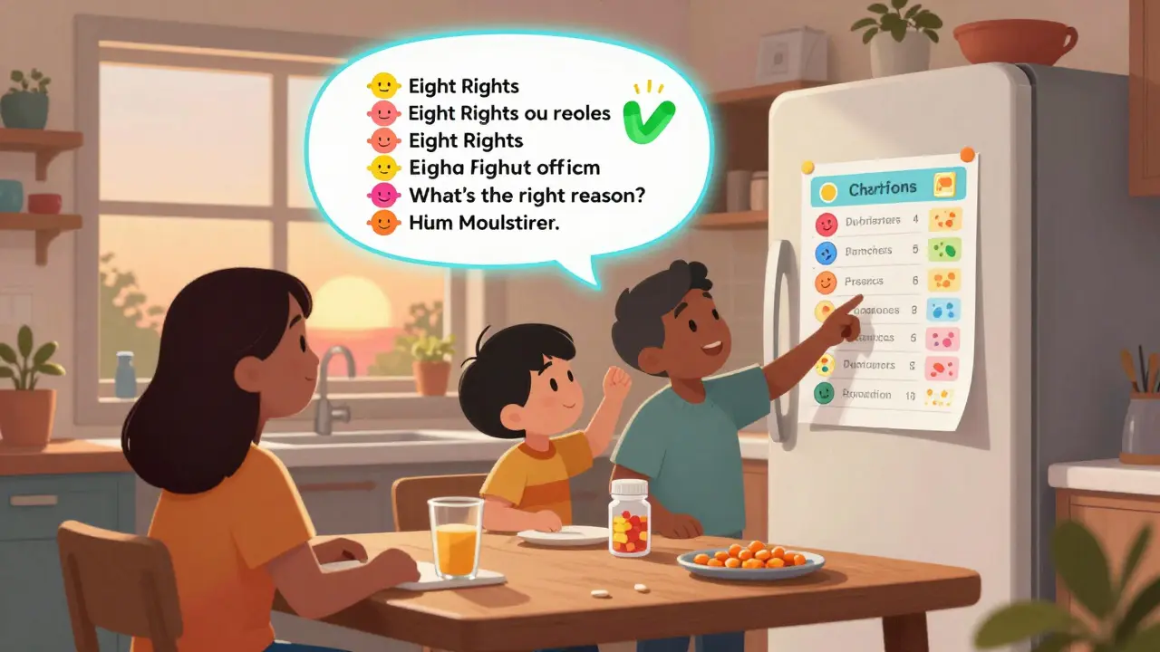 A family reviewing a colorful medication chart on the fridge, asking about the right reason for a drug.