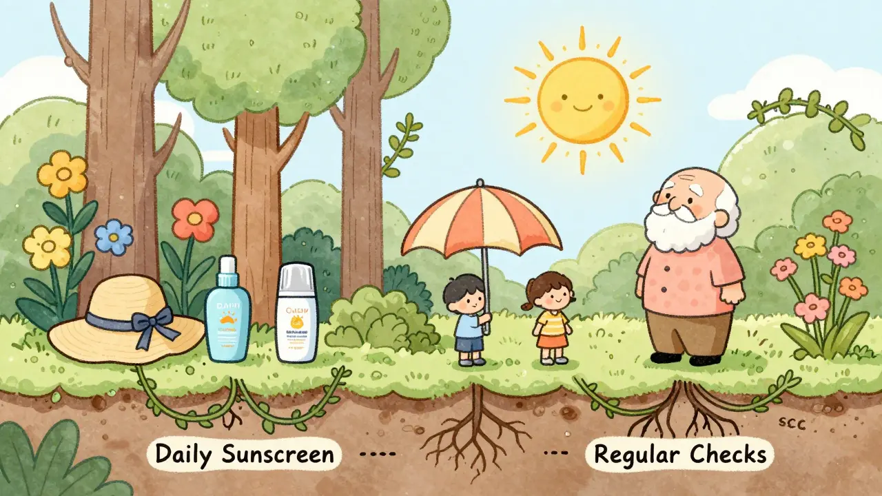 A garden of sun protection with sunscreen trees and hat flowers, while harmful roots are choked by preventive vines.