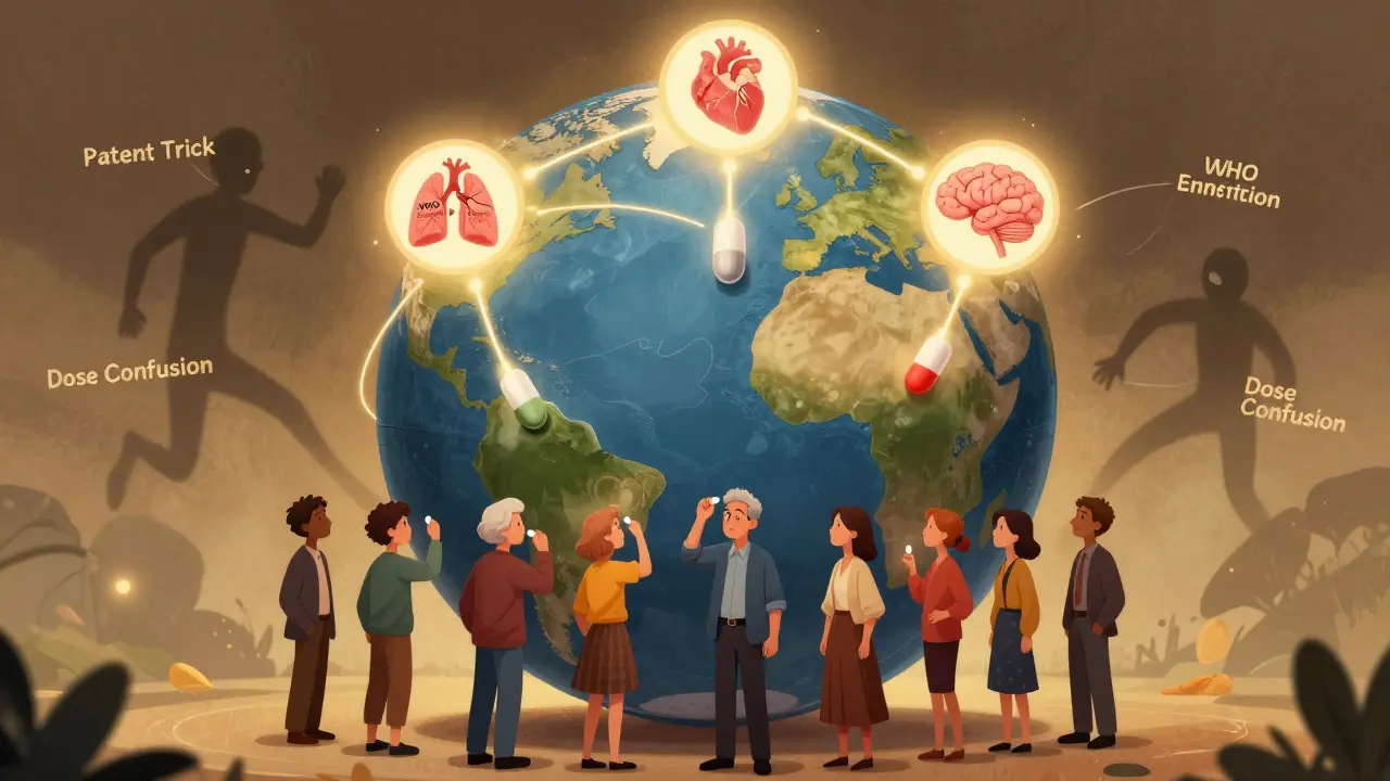 A globe connected by life-saving combination pills, with diverse people taking them.