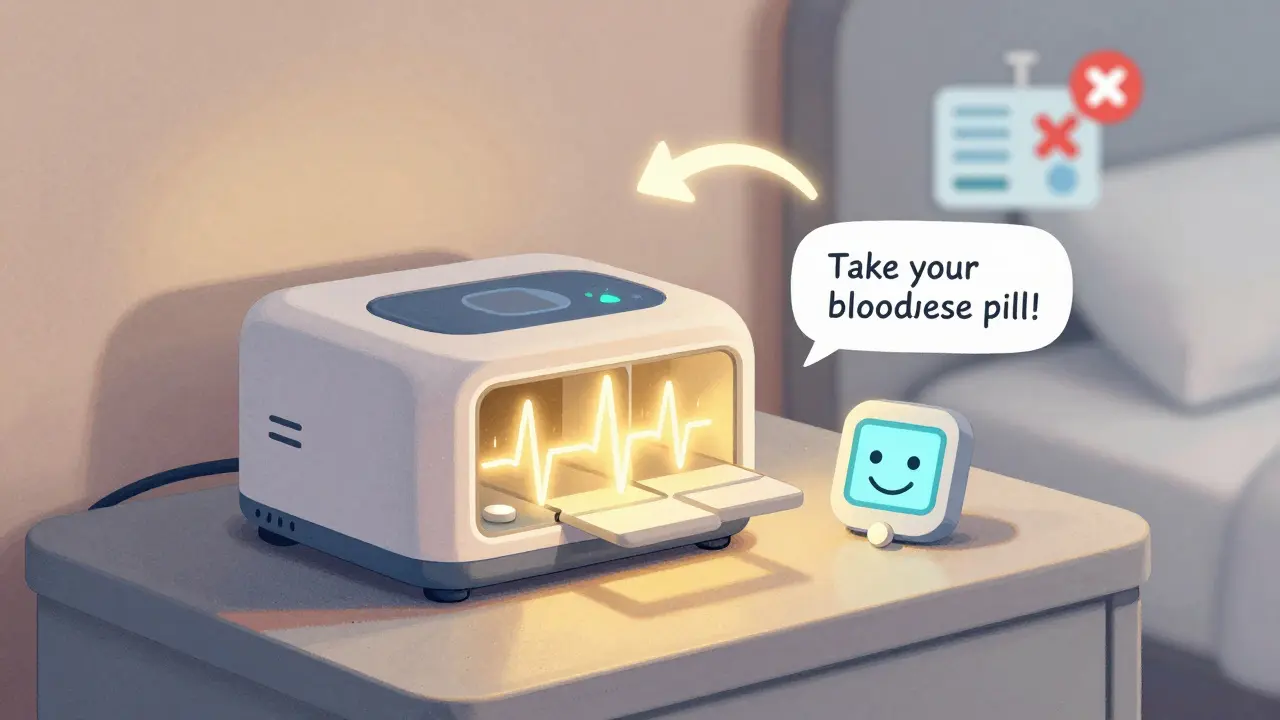 A glowing smart pill dispenser pulses with light as a tablet shows a voice reminder.