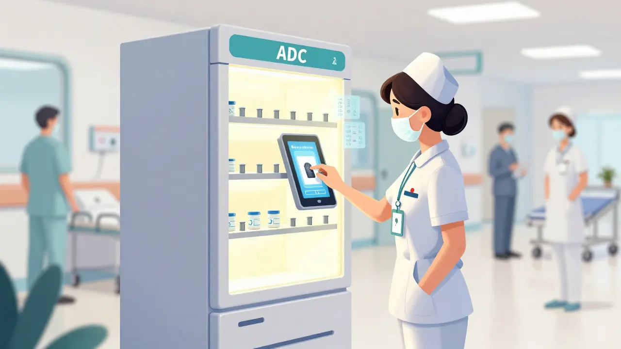 A nurse uses an automated dispensing cabinet with dual authentication, another staff member observing.