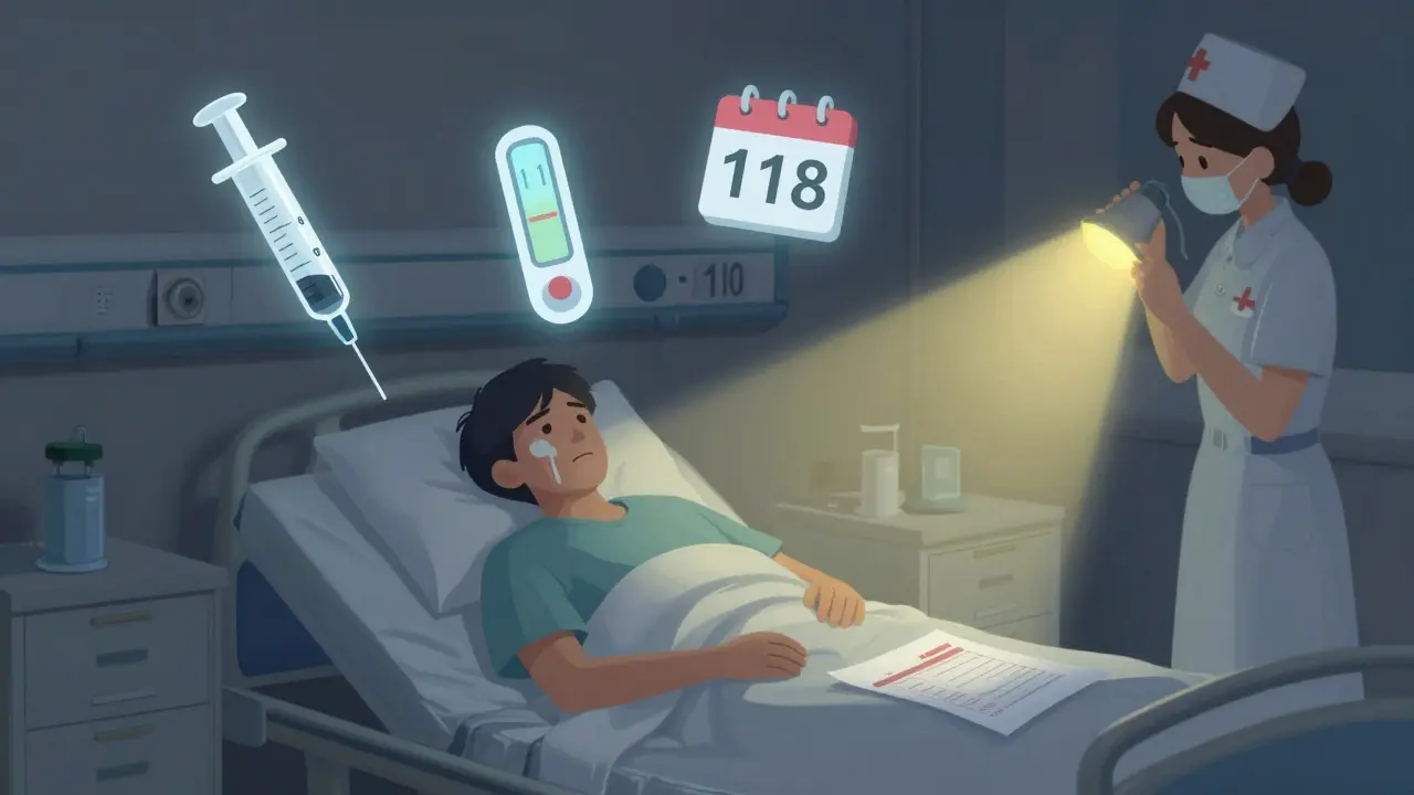 A patient having a seizure in a hospital room, with medical icons hovering as ghostly warnings under dim night light.