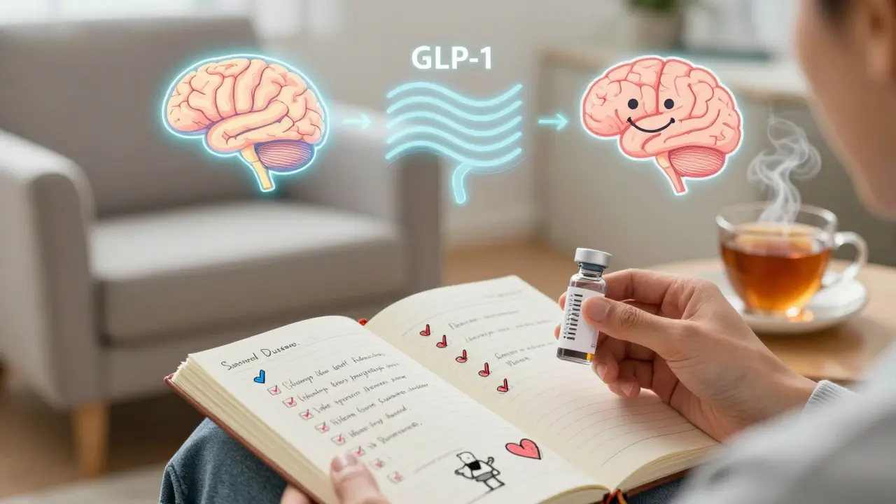 A patient holding weight loss medication beside a journal with hand-drawn health trackers under soft morning light.