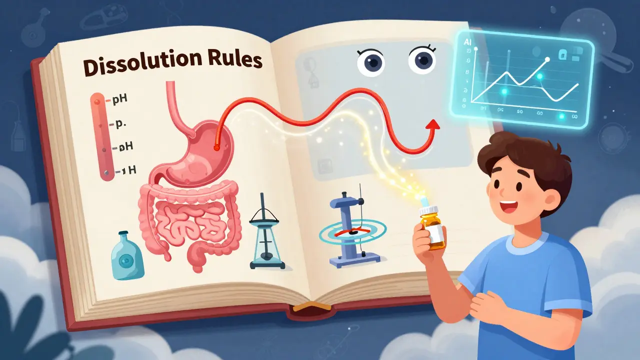 A patient receives medicine as a glowing dissolution curve mirrors the brand version in a magical scene.