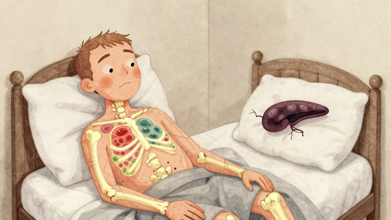 A patient showing both healthy and side-effect-affected body parts, representing long-term steroid use.