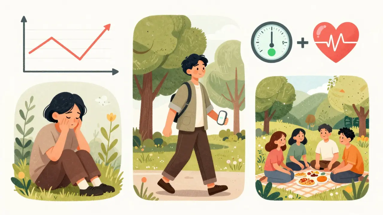 A person's journey from isolation to health and joy, shown in three panels with symbolic health improvements around them.