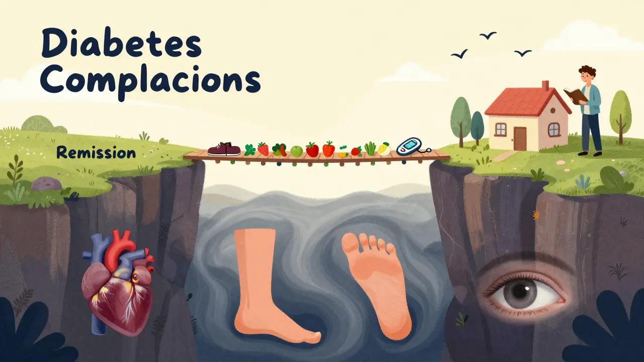 A person crossing a bridge from diabetes complications to remission, surrounded by healthy food and activity symbols.