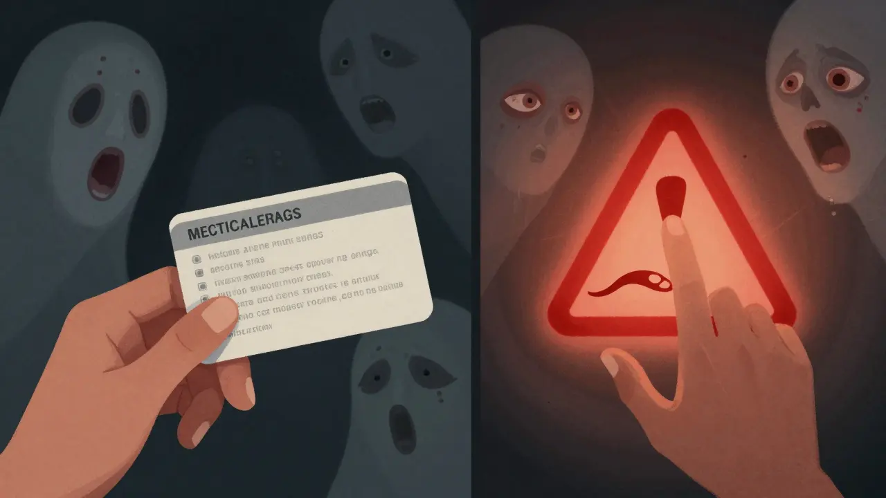 A person holds a medical alert card listing dangerous drugs, with ghostly images of complications floating behind.