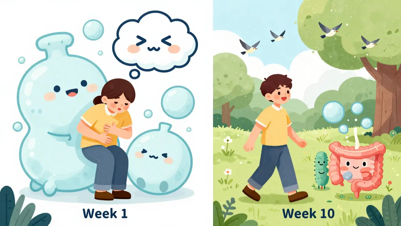A person’s gut journey from uncomfortable week one to peaceful week ten, shown in whimsical split-panel illustration.