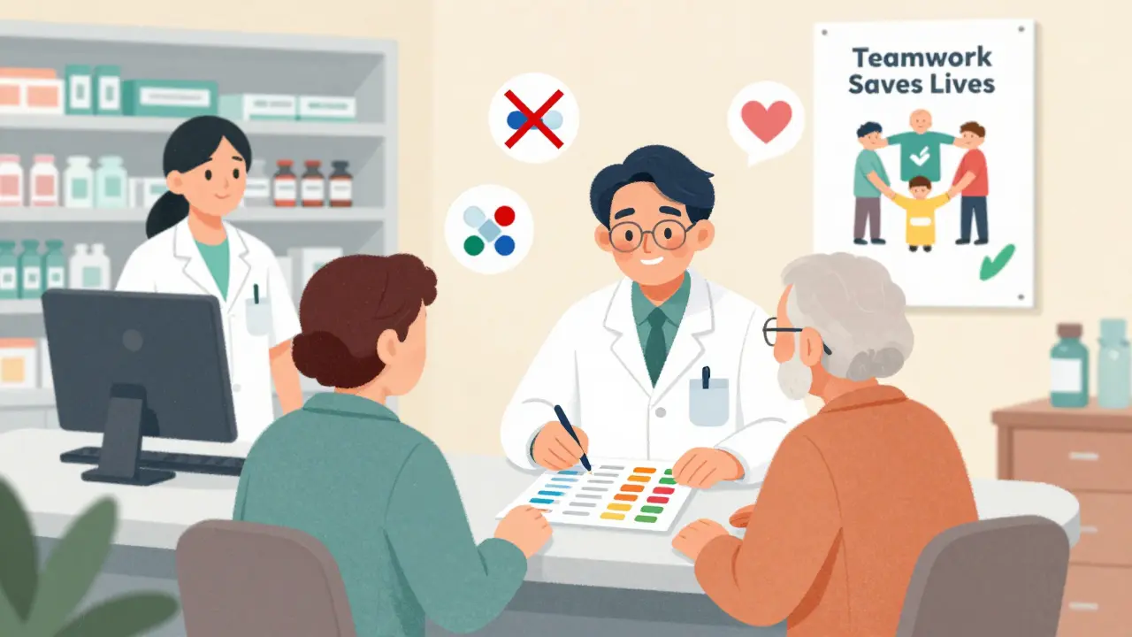 A pharmacist and elderly patient review medications together, with icons showing errors prevented and safety ensured.