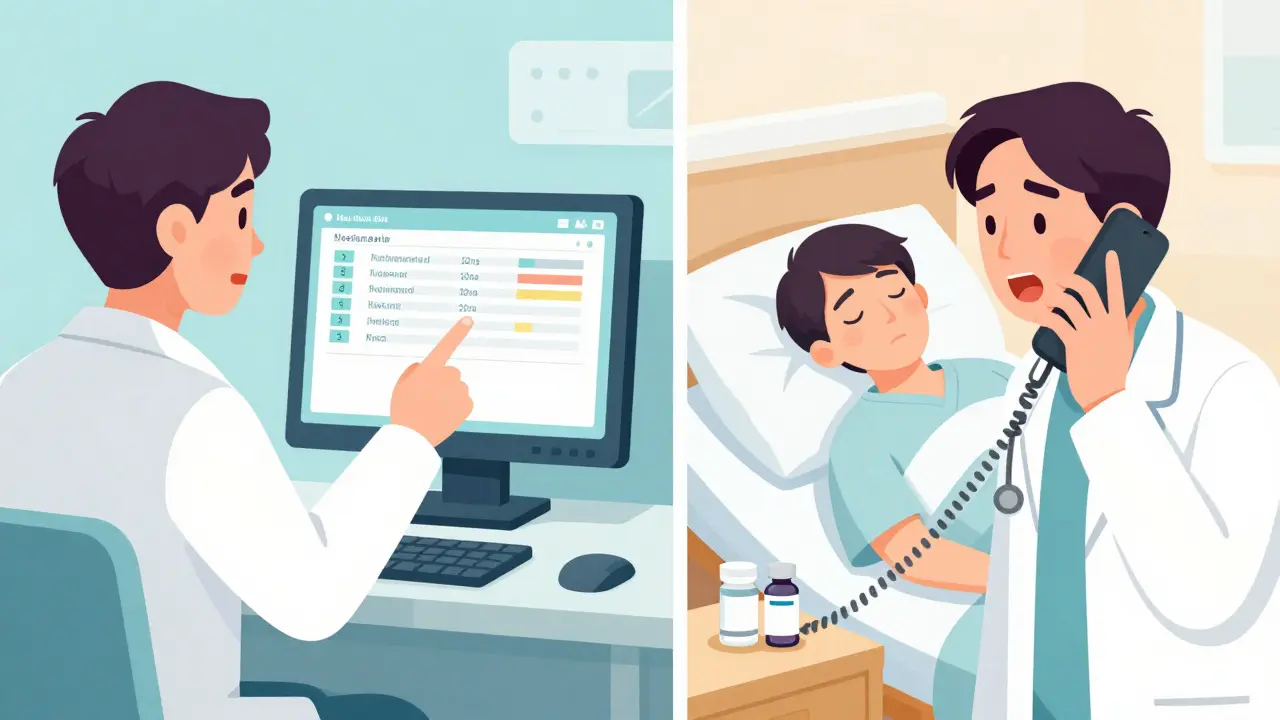 A pharmacist calls a doctor to correct a dangerous insulin dose, while a patient sleeps safely at home.