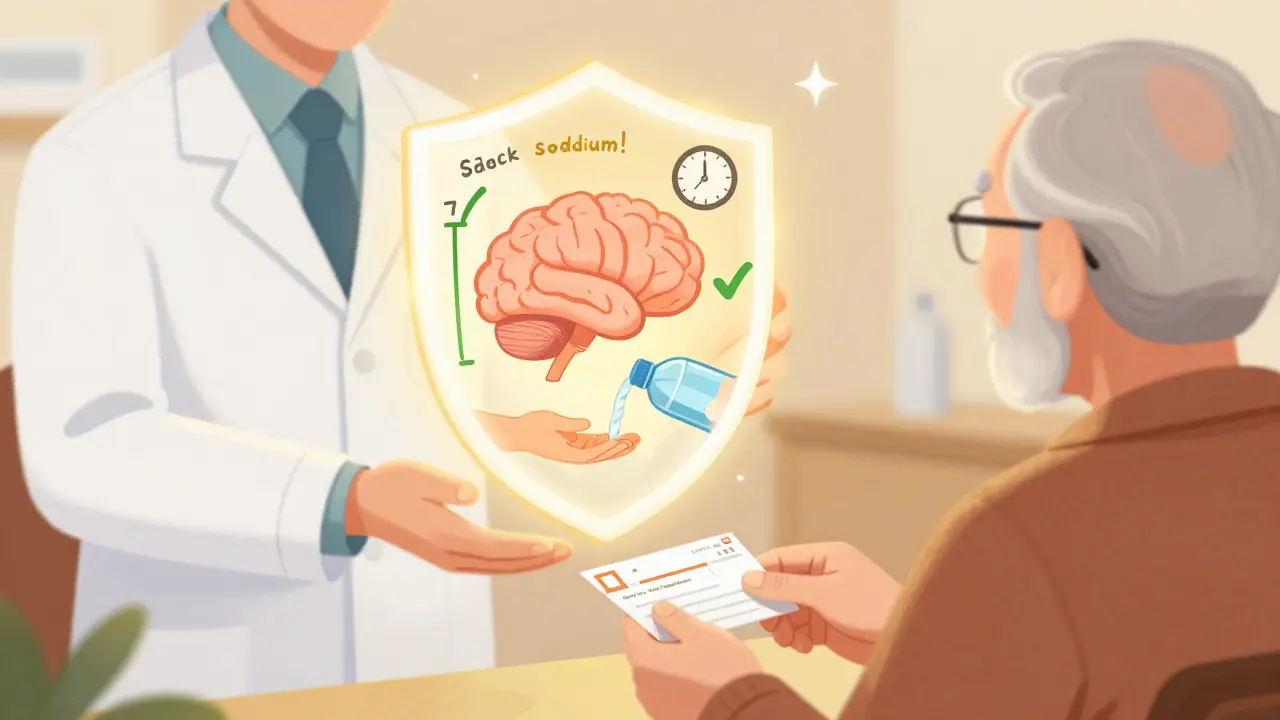 A pharmacist giving a prescription while a protective shield glows, showing safe sodium levels and a 7-day checkmark.