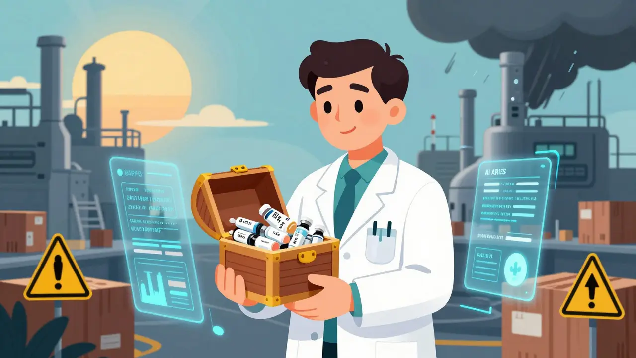 A pharmacist holds a buffer stockpile of drugs while AI streams and cyber threats surround them, with a U.S. factory glowing in the distance.