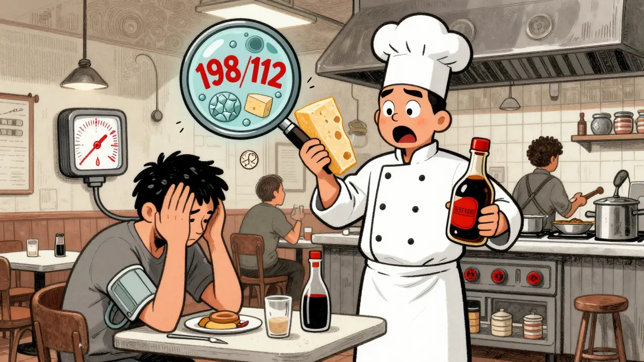 A restaurant scene with a chef holding risky foods as a diner clutches their head, blood pressure numbers spiking in the background.
