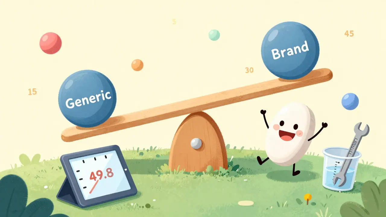 A seesaw-like f2 meter balancing generic and brand pills, with time points bouncing around.