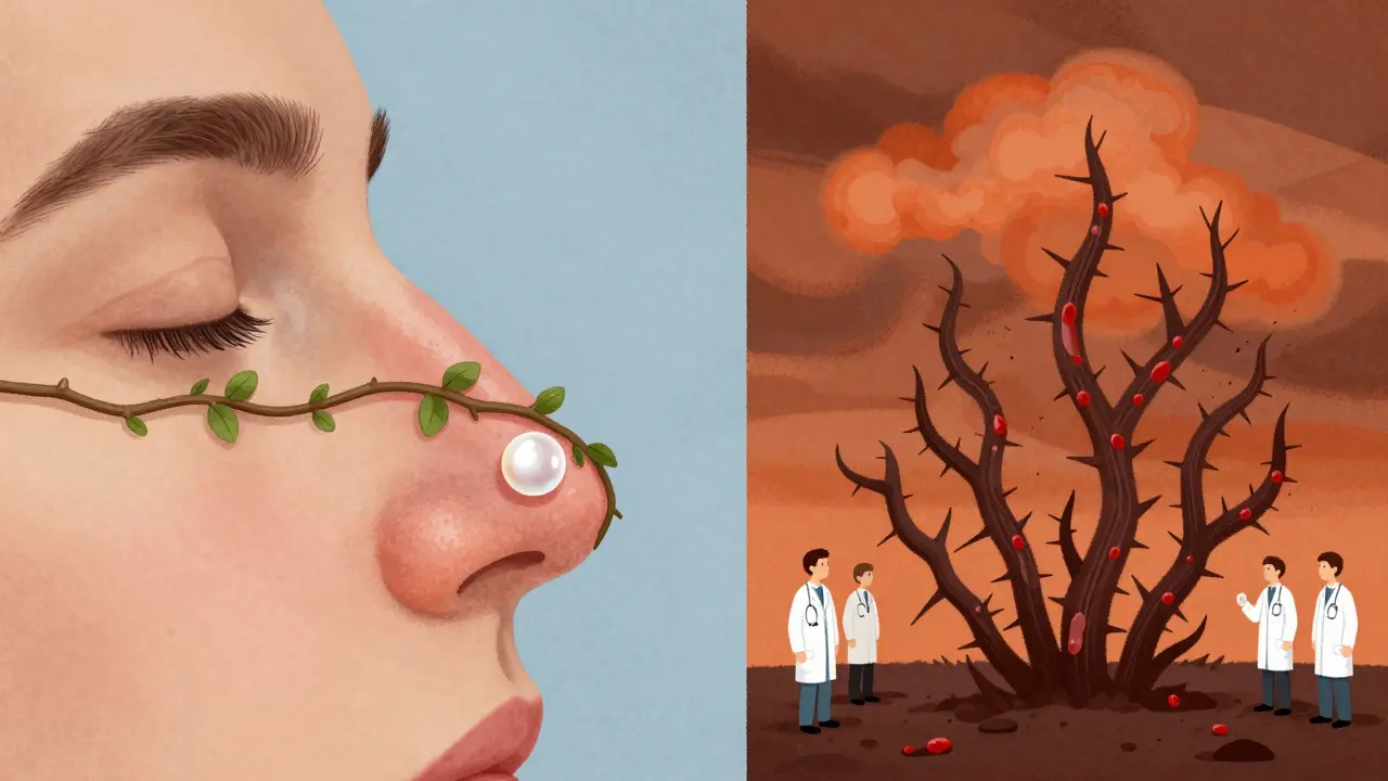 A slow-growing lesion on a nose compared to a rapidly spreading patch on a cheek, illustrated with contrasting weather backgrounds.