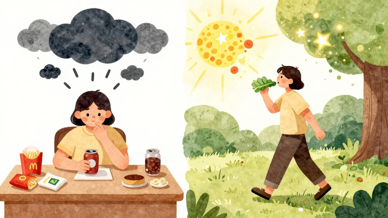 A split scene contrasting unhealthy habits with healthy lifestyle changes in soft watercolor tones.