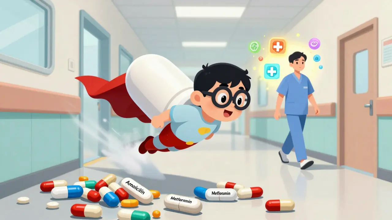 A superhero pill defeating piles of separate medications in a hospital hallway.