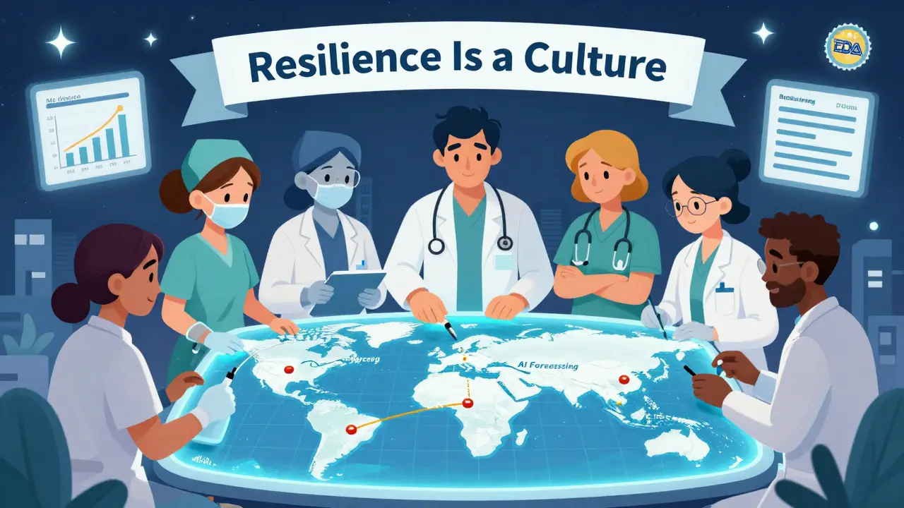 A team repairs global drug supply chains using transparency and AI tools, with FDA and Medicare badges shining above like stars.