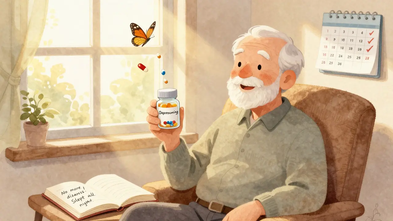 An elderly man smiling with few pills in a jar, pills turning into butterflies, sunlight streaming in.