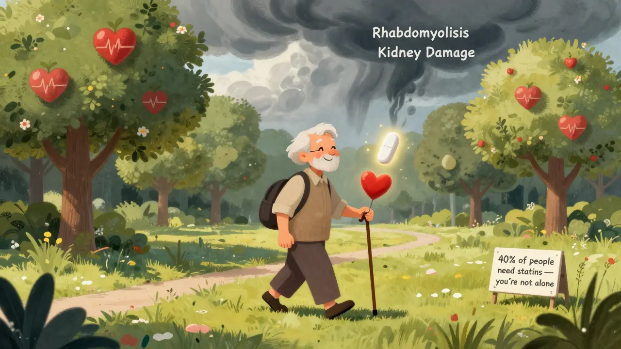 An elderly person walks happily through a park as a glowing statin pill protects them, with storm clouds of danger fading behind.