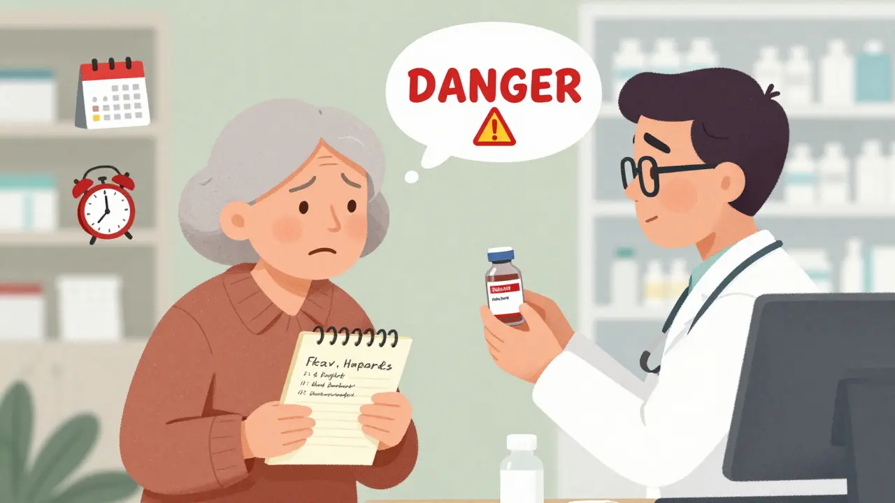 An elderly woman and pharmacist discussing a high-alert insulin medication with a warning symbol.